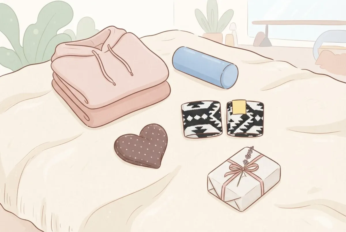 Illustration of gift ideas laid out on a cream blanket, with a folded pink hoodie, a blue foam roller, a heart-shaped heat pack, a pair of black and white patterned wrist wraps and a small wrapped present with a sprig of lavender