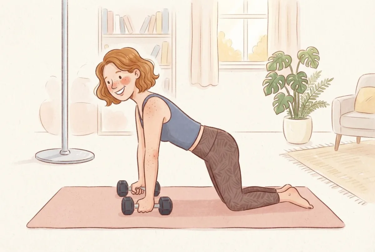 Illustration of a smiling woman with short wavy auburn hair on her knees on a pink yoga mat, gripping two upright hexagonal dumbbells so her wrists stay straight, with a home dance pole in the background