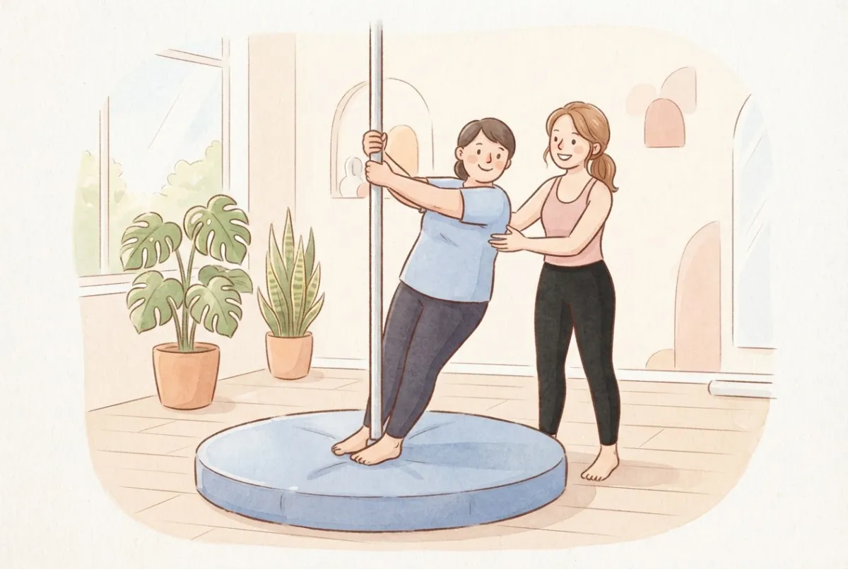 Illustration of a pole student standing on a round blue crash mat and leaning back from the pole while an instructor supports her back with one hand