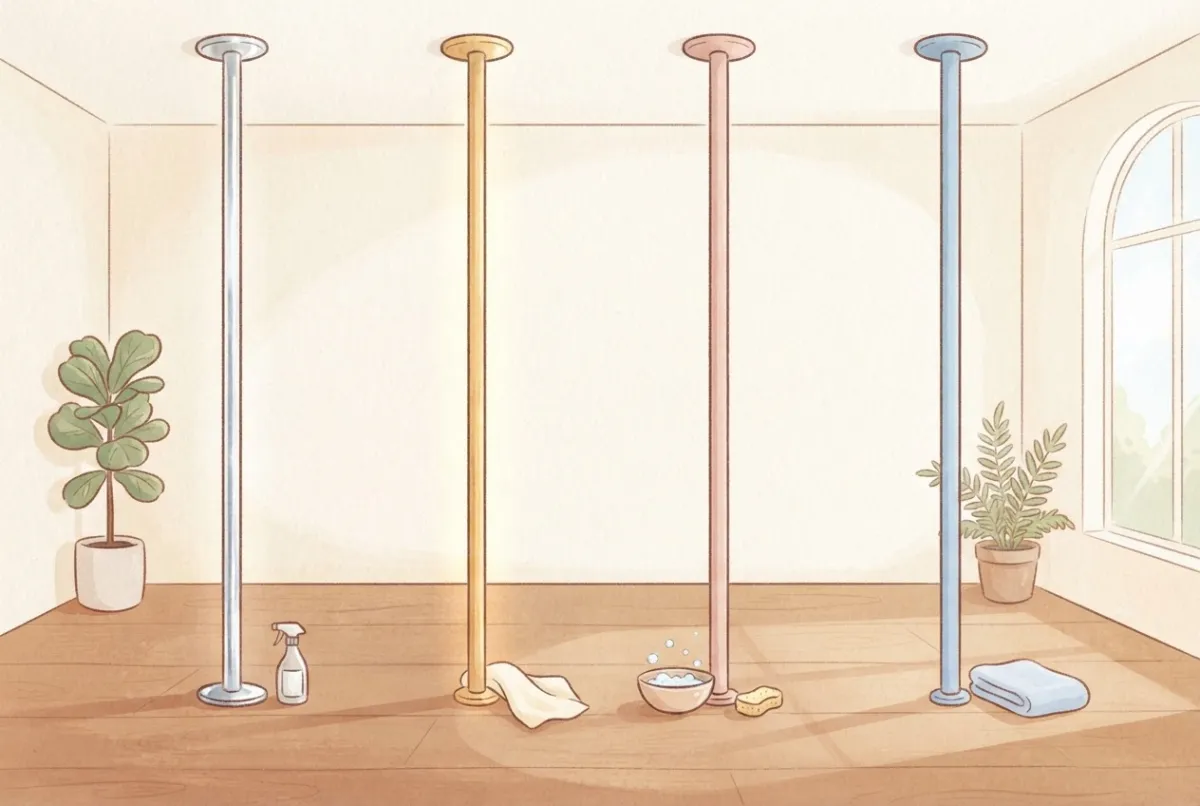 Illustration of four dance poles side by side in a bright studio, silver chrome, golden brass, matte pink powder-coated and soft blue silicone, with a spray bottle, a cloth, a bowl of soapy water and a folded towel at their bases