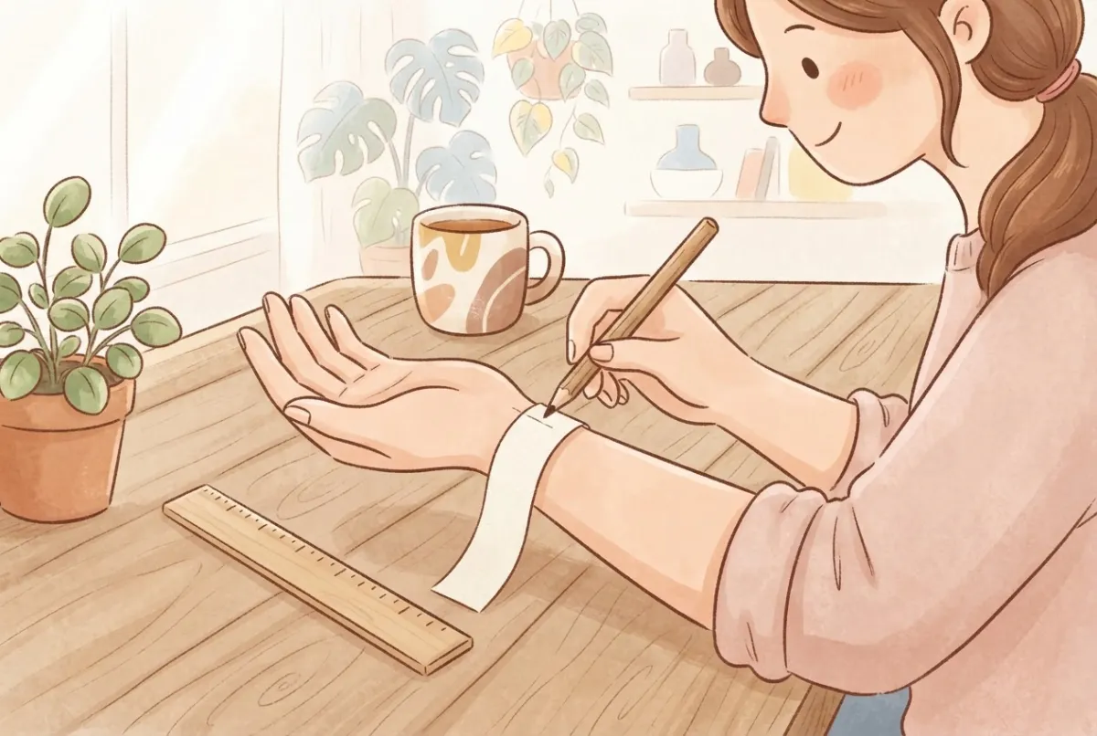 Illustration of a woman marking a strip of paper wrapped around her wrist with a pencil, with a wooden ruler beside her arm