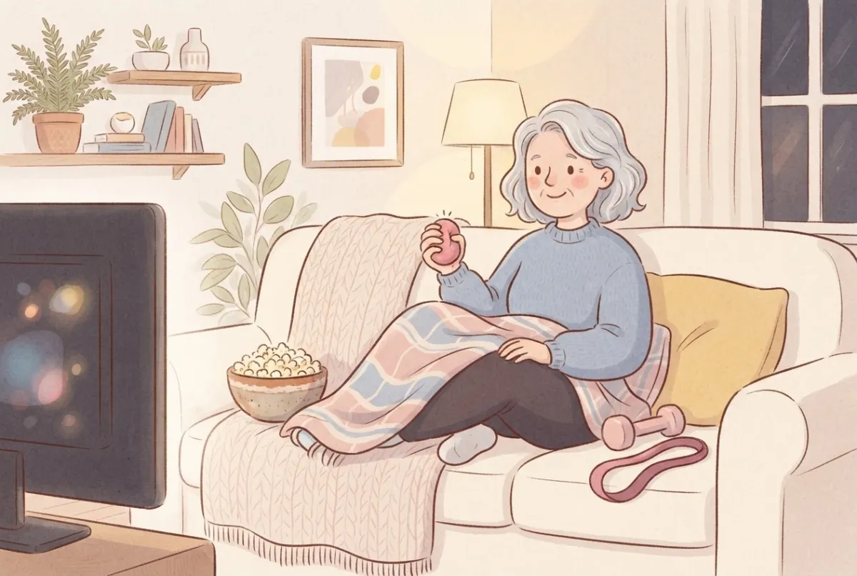 Illustration of a woman with silver hair on a sofa watching TV and squeezing a soft ball, with a small dumbbell and a rubber band next to her