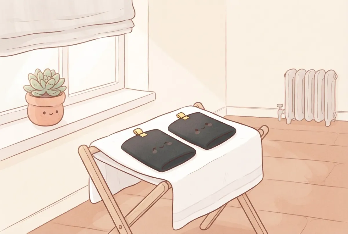 Illustration of two black wrist wraps with yellow tabs drying flat on a white towel over a small wooden rack by a shaded window, with a radiator on the other side of the room