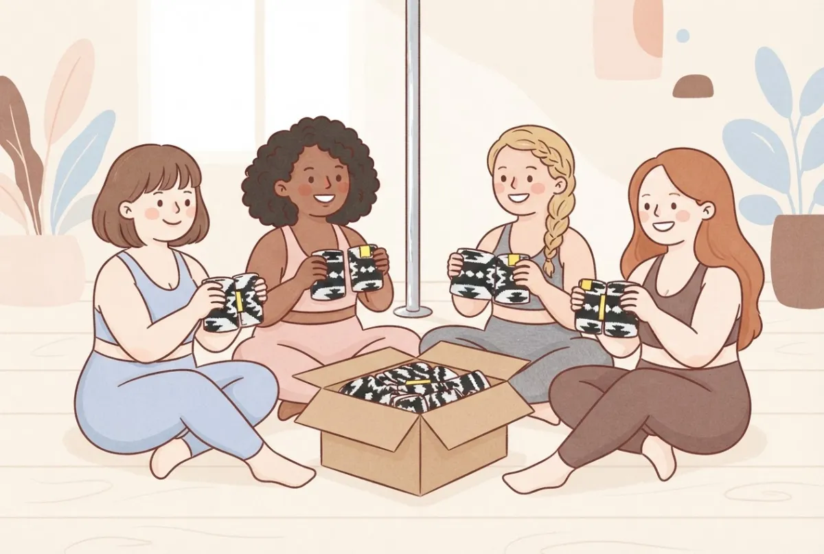 Illustration of four women sitting around an open cardboard parcel on a studio floor, each holding up a pair of black and white patterned wrist wraps