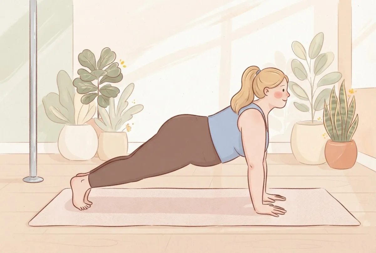 Illustration of a woman holding a plank on a mat with her hands under her shoulders and fingers spread, a dance pole behind her