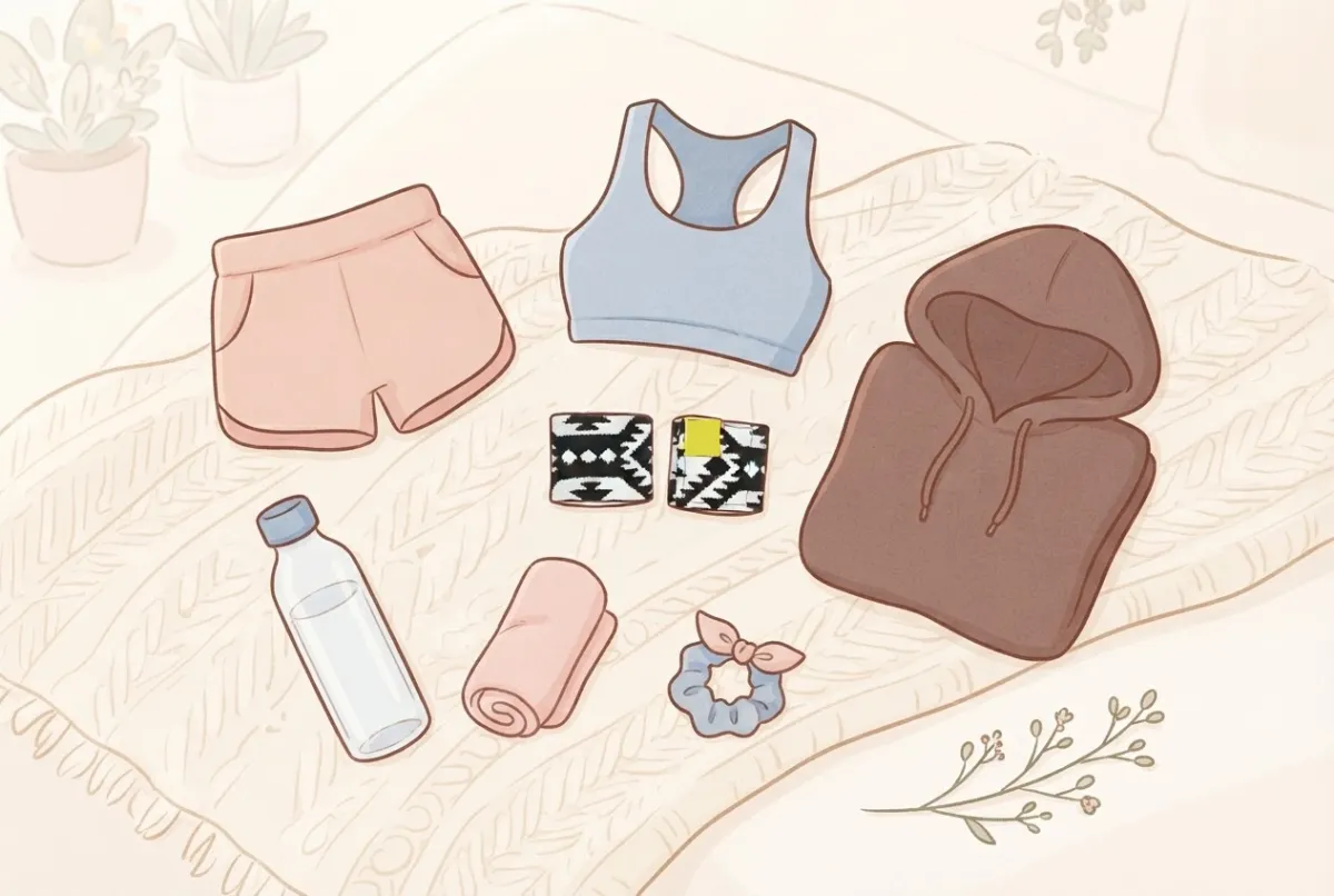 Illustration of a flat lay of pole class kit with shorts, a sports top, a hoodie, a water bottle, a towel, a scrunchie and a pair of patterned wrist wraps