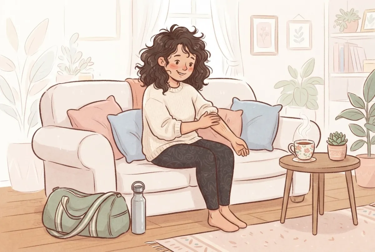 Illustration of a woman on a sofa gently rubbing her forearm the day after a pole class, with a gym bag and a cup of tea nearby
