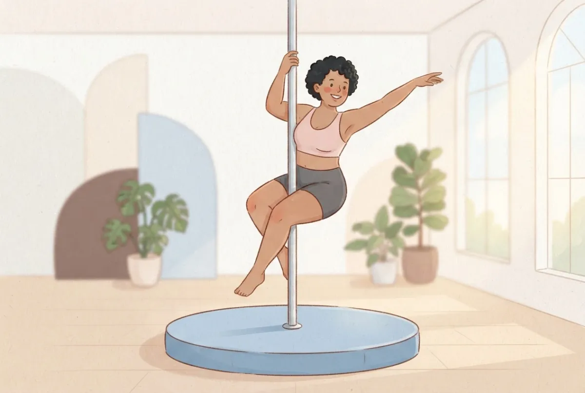 Illustration of a smiling woman with short curly black hair sitting in a pole sit with the pole held between her thighs, one hand on the pole and one arm reaching out