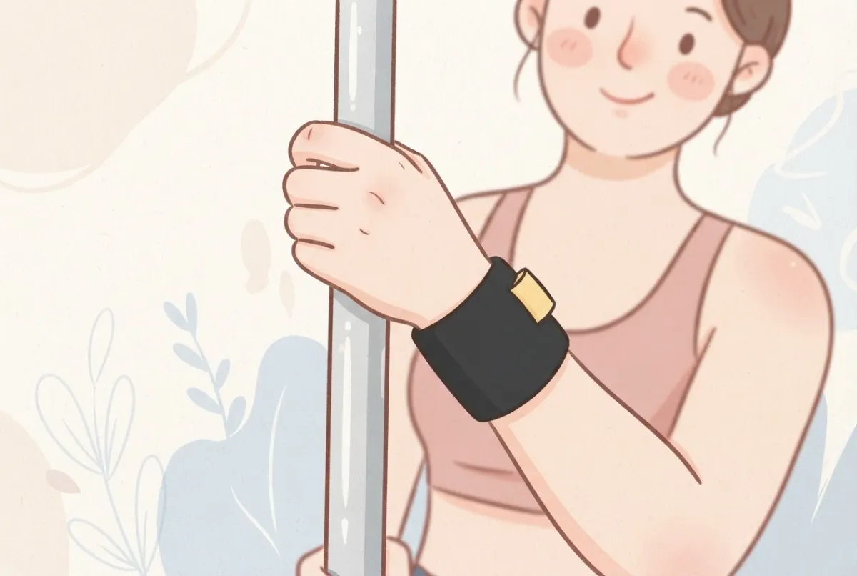 Illustration of a hand gripping a dance pole with a black wrist wrap sitting low on the wrist joint and the palm left bare
