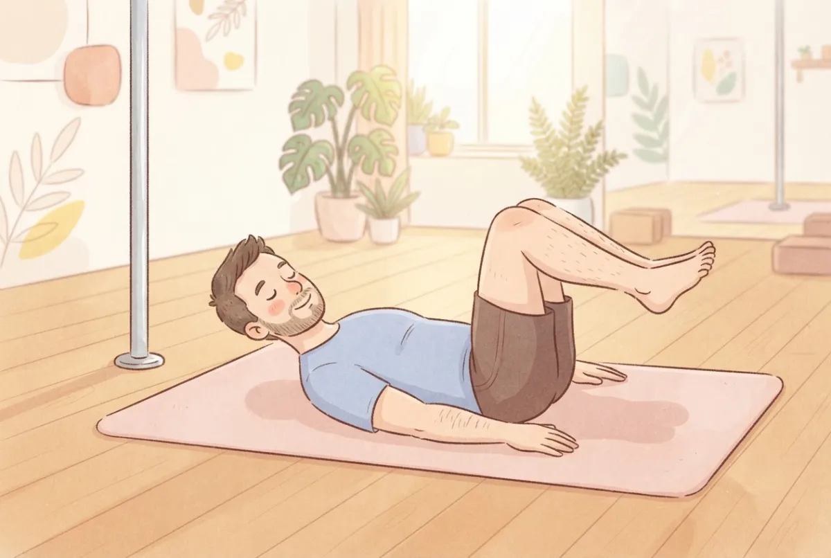 Illustration of a bearded man lying on his back on a pink mat beside a dance pole, knees bent and lifted, arms resting flat by his sides