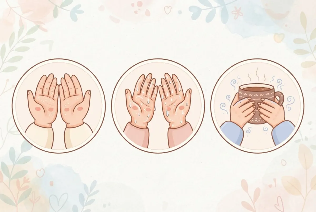 Illustration of three pairs of hands in circles, one dry with small flakes, one sweaty with water droplets and one wrapped around a warm mug with cold swirls