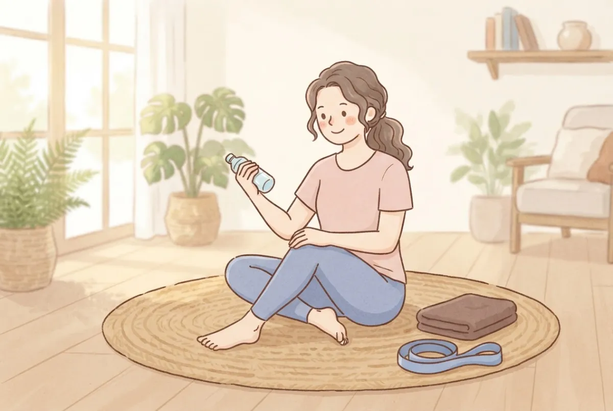 Illustration of a woman sitting cross-legged on a round rug at home holding a water bottle, with a resistance band and a folded towel beside her