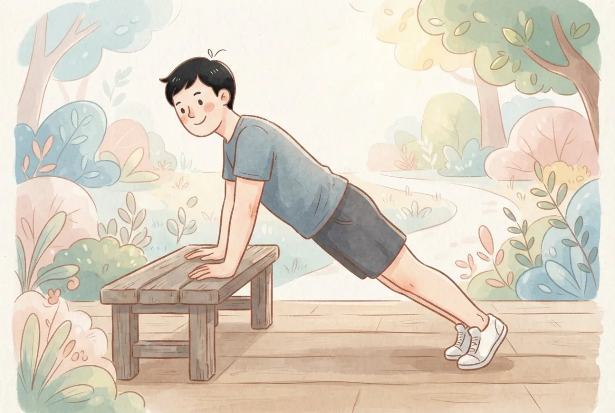 Illustration of a smiling man doing an incline push-up with his hands on a low wooden bench and his body in a straight line