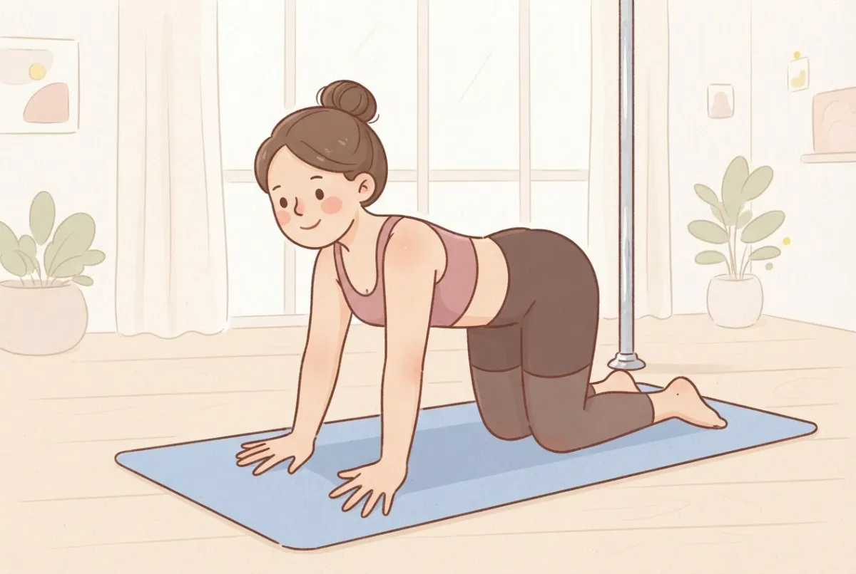 Illustration of a woman with a brown bun on her hands and knees on a blue yoga mat, rocking her weight gently over her hands in front of a dance pole