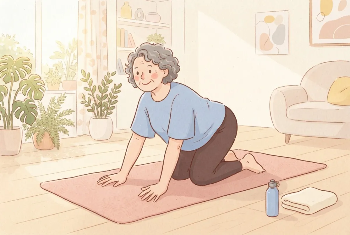 Illustration of a smiling woman with curly grey hair kneeling on a pink yoga mat at home, rocking gently forward onto her flat hands to warm up her wrists