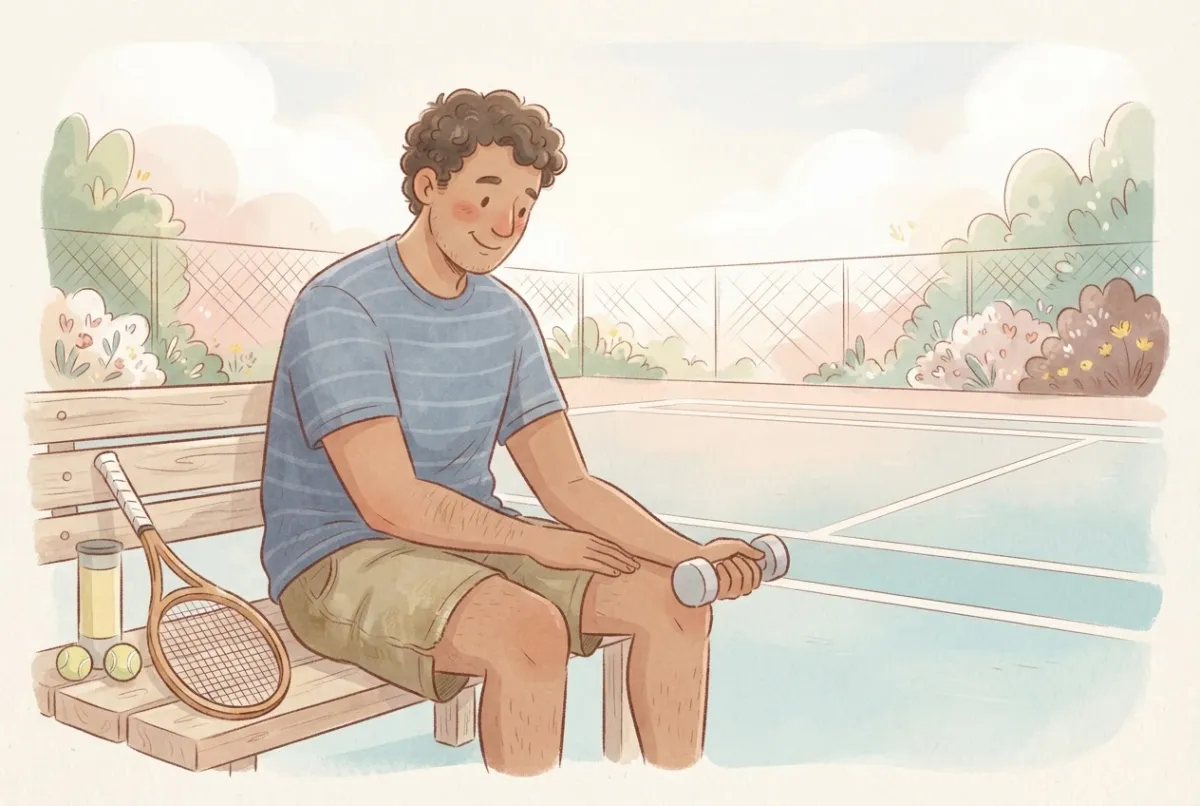 Illustration of a man sitting on a courtside bench doing a slow wrist extension with a small dumbbell, his forearm resting on his thigh and his racket beside him