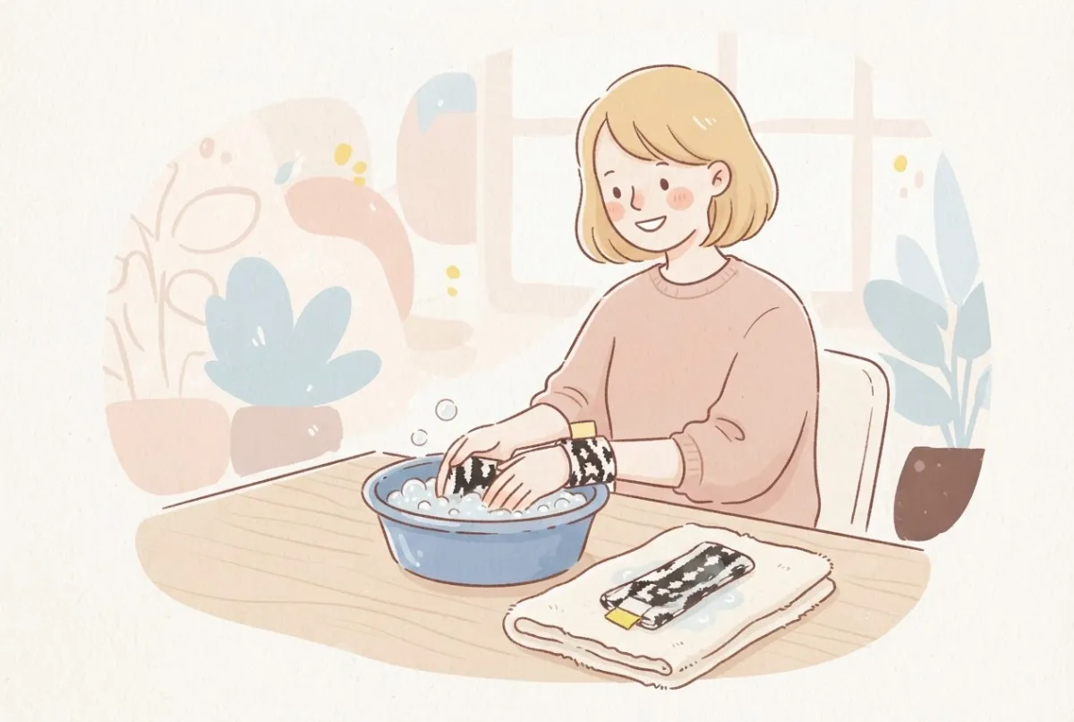 Illustration of a woman hand washing a patterned wrist wrap in a basin of soapy water, with a second wrap drying flat on a towel