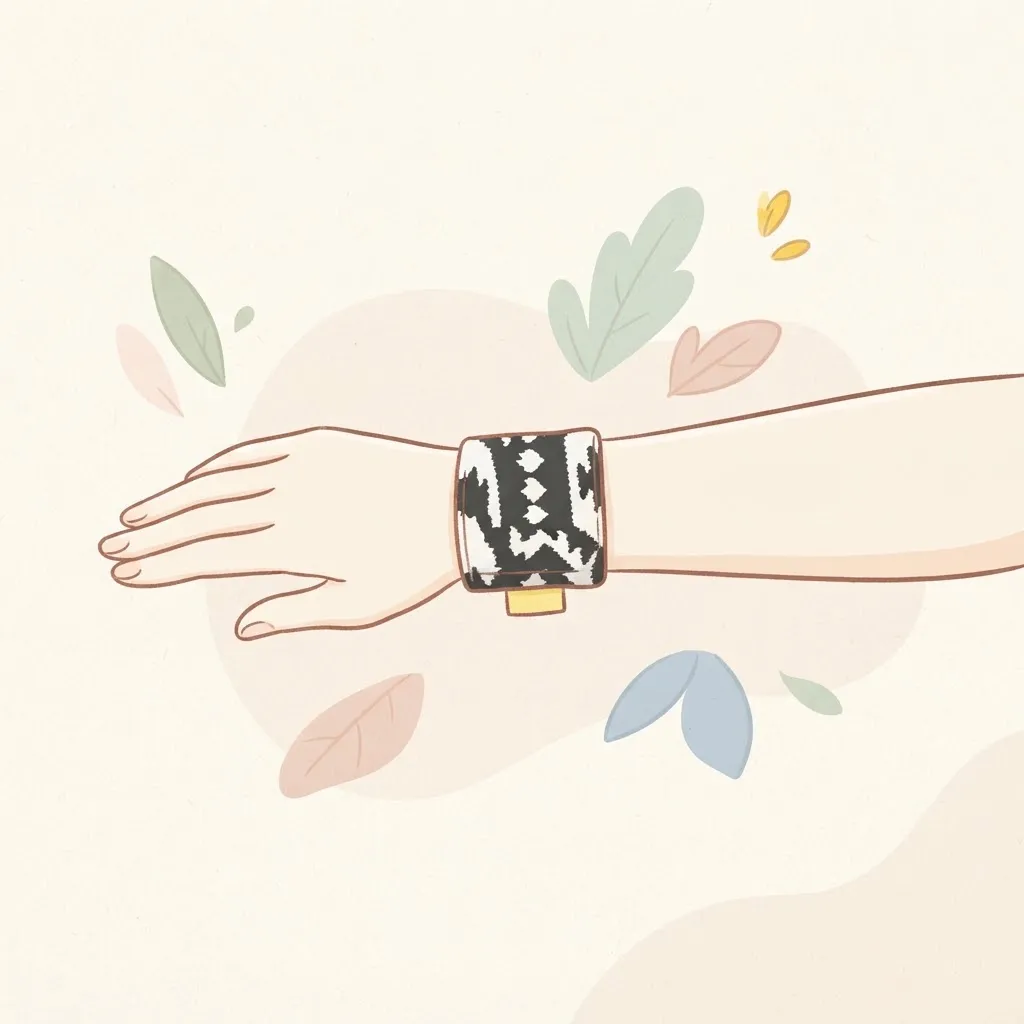 Illustration of a relaxed arm and hand with a patterned wrist wrap sitting right over the wrist joint and the hand and fingers left free