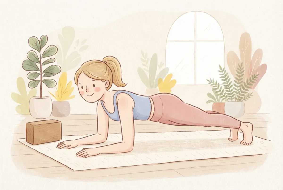Illustration of a woman with a blonde ponytail holding a forearm plank on a yoga mat with her elbows under her shoulders