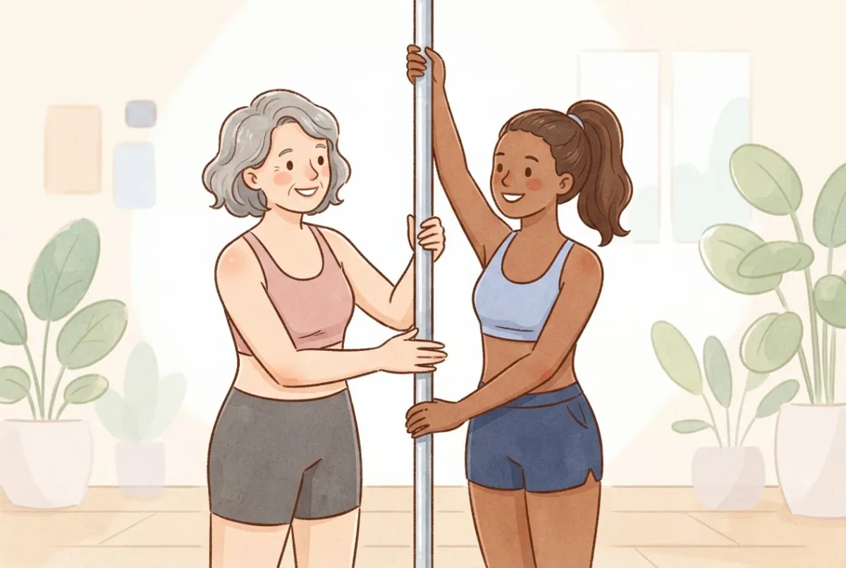 Illustration of a smiling grey-haired pole teacher helping a young woman with her hand placement on a dance pole in a bright studio