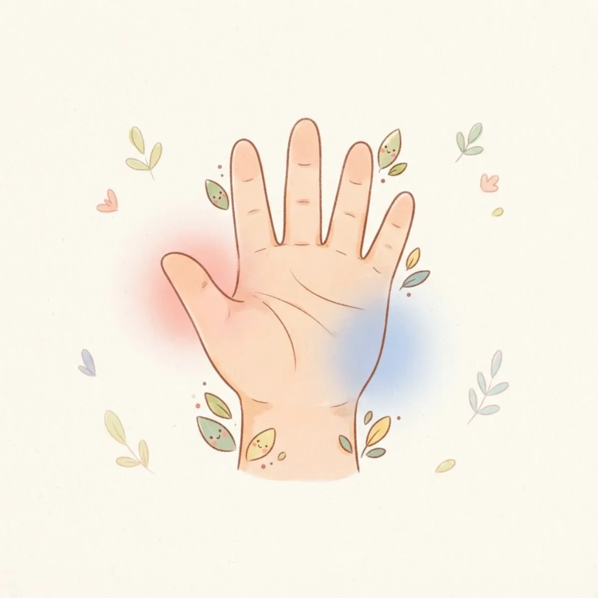 Illustration of an open palm with a soft pink glow on the thumb side and a soft blue glow on the pinky side of the wrist