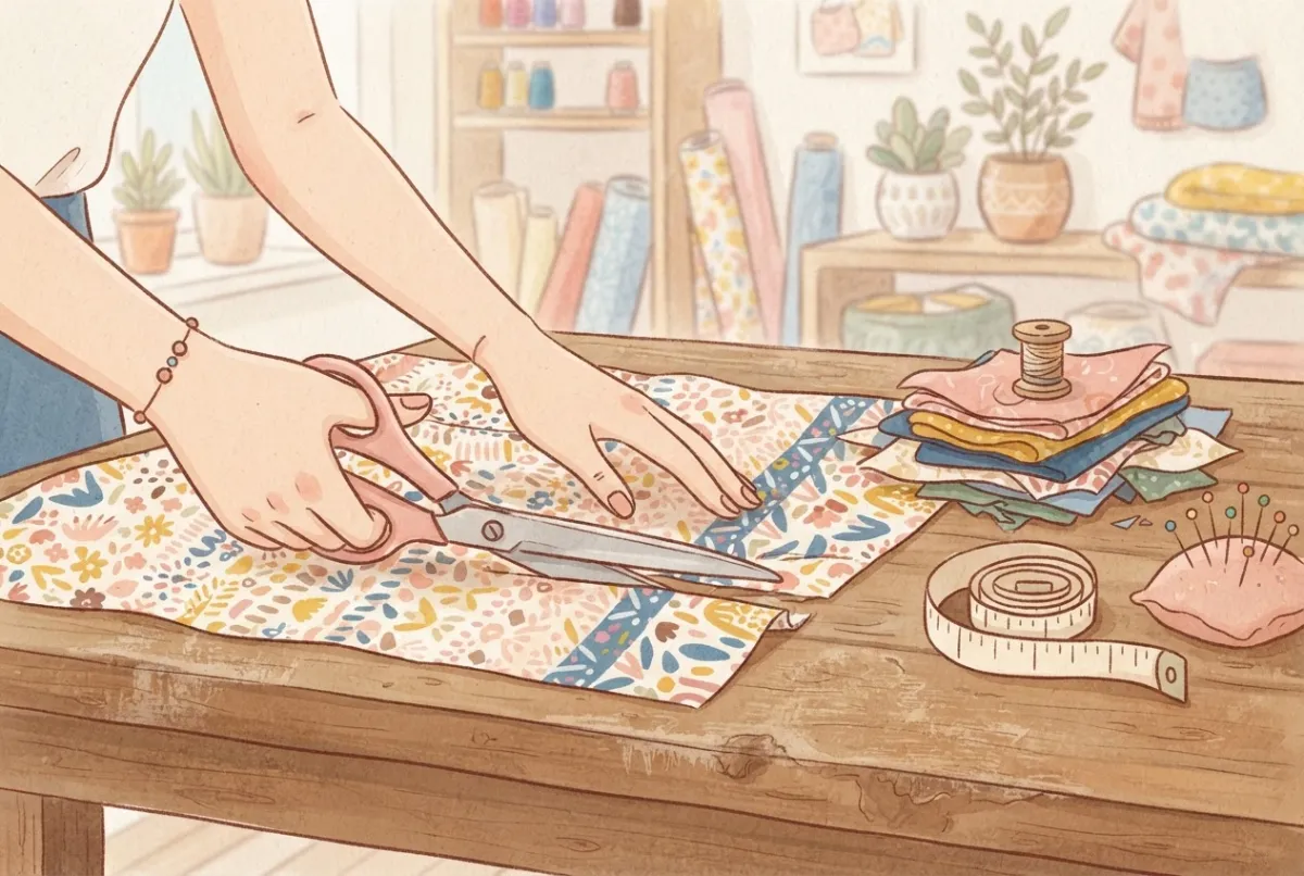 Illustration of two hands cutting a piece of colourful patterned fabric with scissors on a wooden table, next to a pile of folded fabric samples, a tape measure and a pin cushion