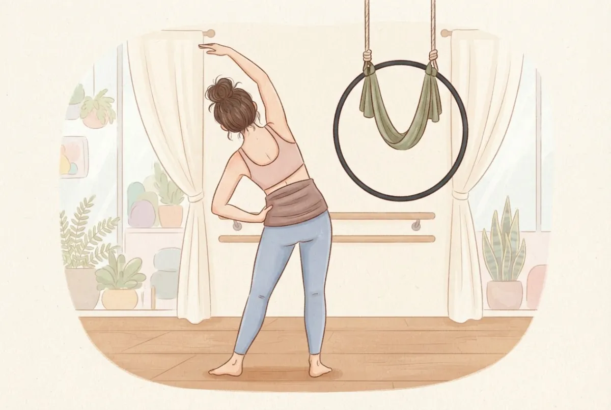 Illustration of a woman seen from behind doing a side bend stretch in a studio, wearing a soft brown waist warmer over the gap between her crop top and leggings, with an aerial hoop hanging nearby