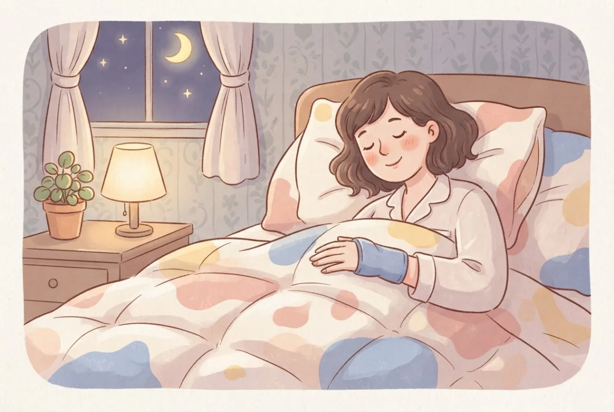 Illustration of a woman sleeping peacefully in bed at night wearing a simple wrist splint on one wrist