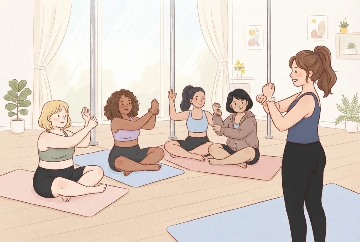 Illustration of four women sitting on mats in front of dance poles, copying a smiling teacher as they warm up their wrists and arms