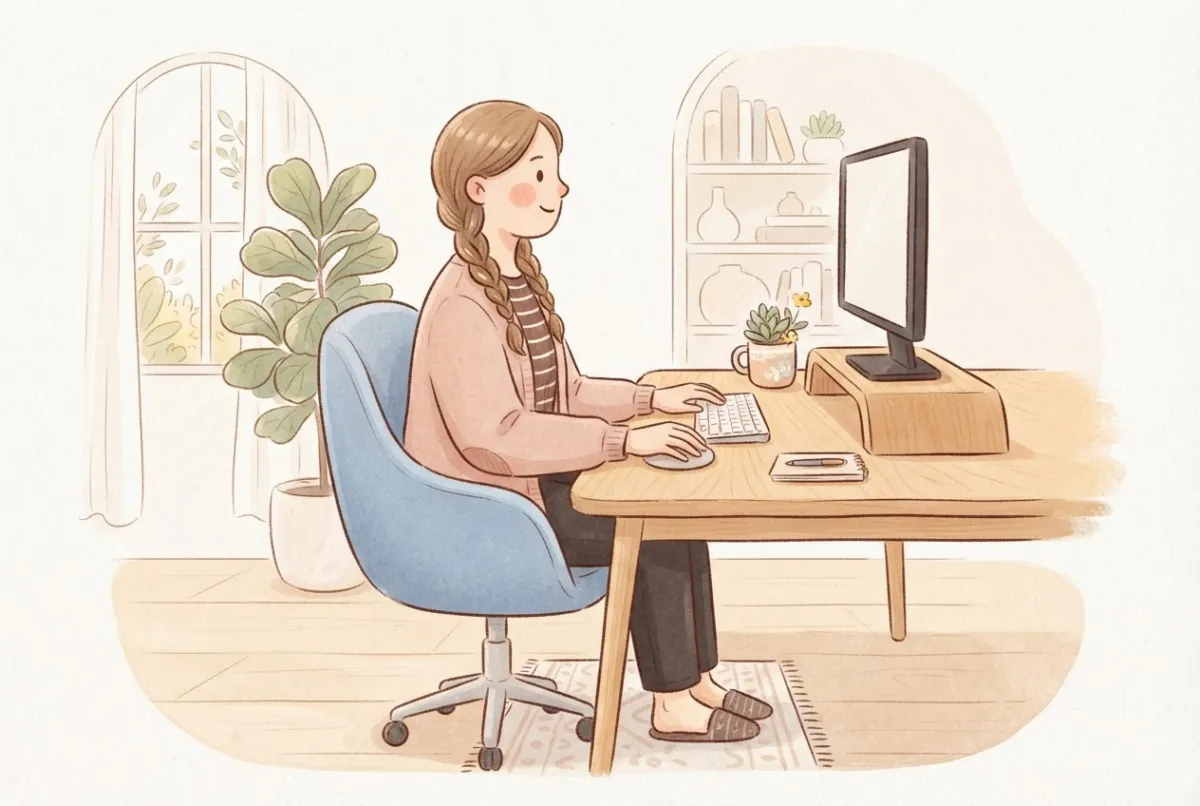 Illustration of a woman sitting at a desk with her forearms resting on the desk, straight wrists, the mouse close to the keyboard and the screen at eye level