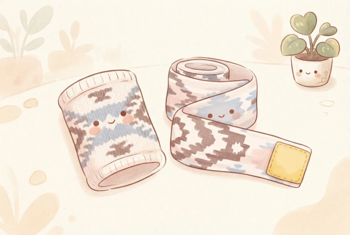 Illustration of a knitted pull-on compression sleeve lying next to a partly unrolled wrist wrap with a yellow tab