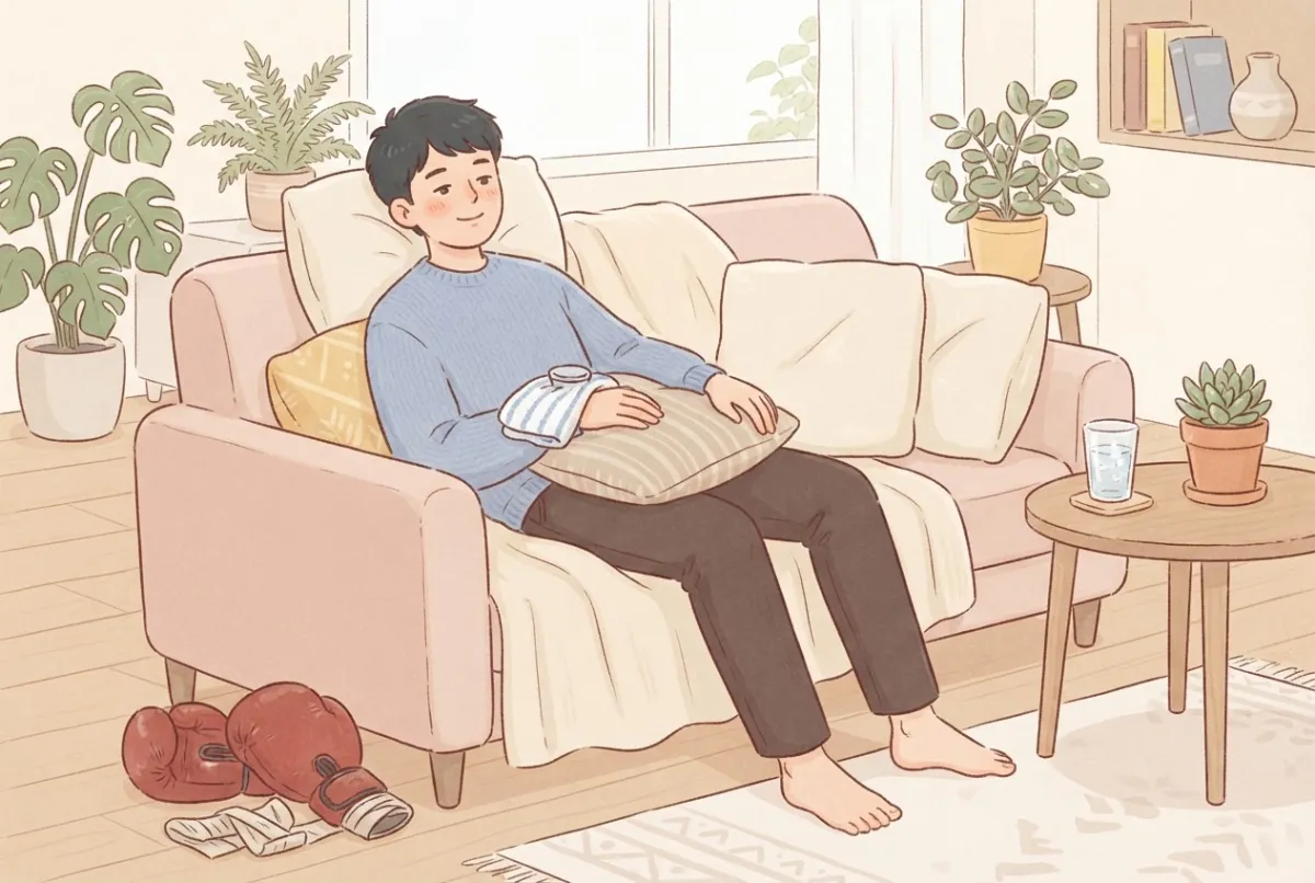 Illustration of a young man resting on a sofa with a cold pack wrapped in a towel on his wrist and his boxing gloves on the floor