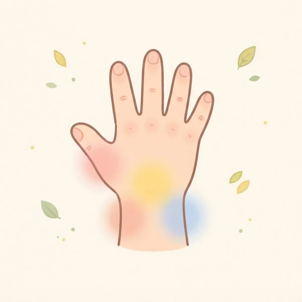 Illustration of the back of a hand with soft coloured glows on the thumb side, the top and the pinky side of the wrist