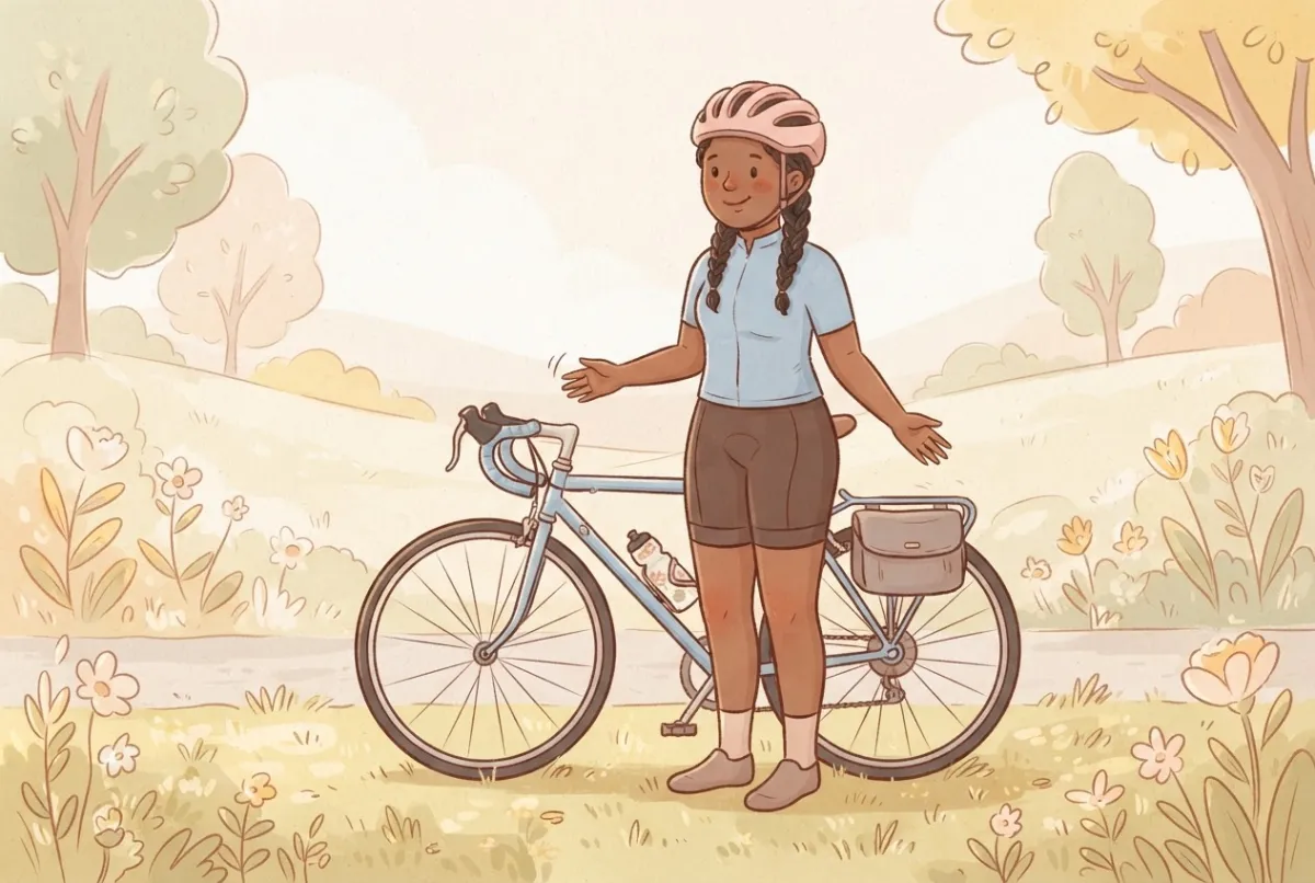 Illustration of a cyclist with braids standing beside her road bike on a grassy roadside, loosening her hands during a break