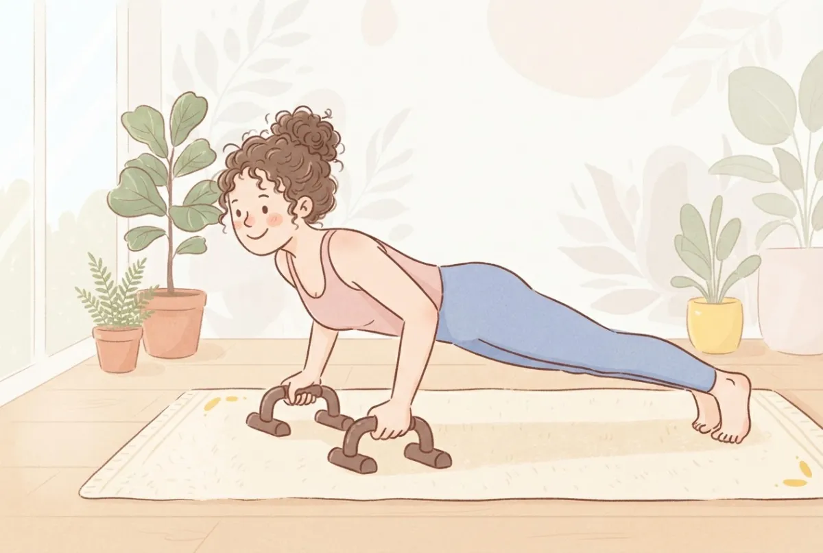 Illustration of a woman doing a push-up on a yoga mat while gripping a pair of push-up handles, keeping her wrists straight