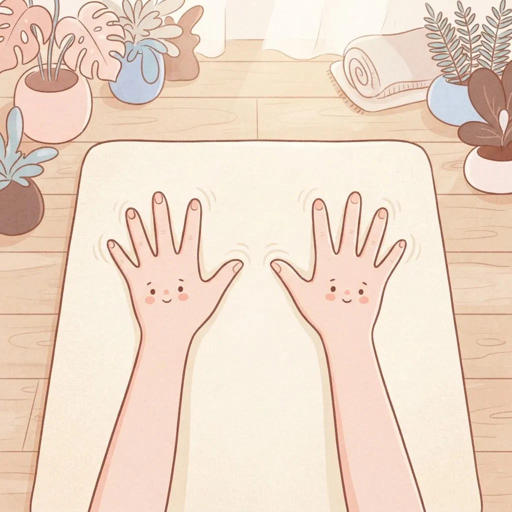Illustration of two hands flat on a mat, shoulder-width apart with the fingers spread wide and pressing into the floor