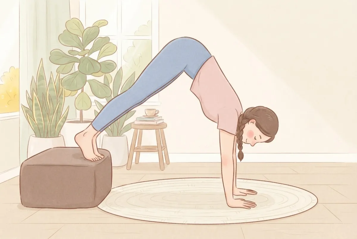 Illustration of a woman in a pike hold with her hands on the floor and her feet resting on a low box