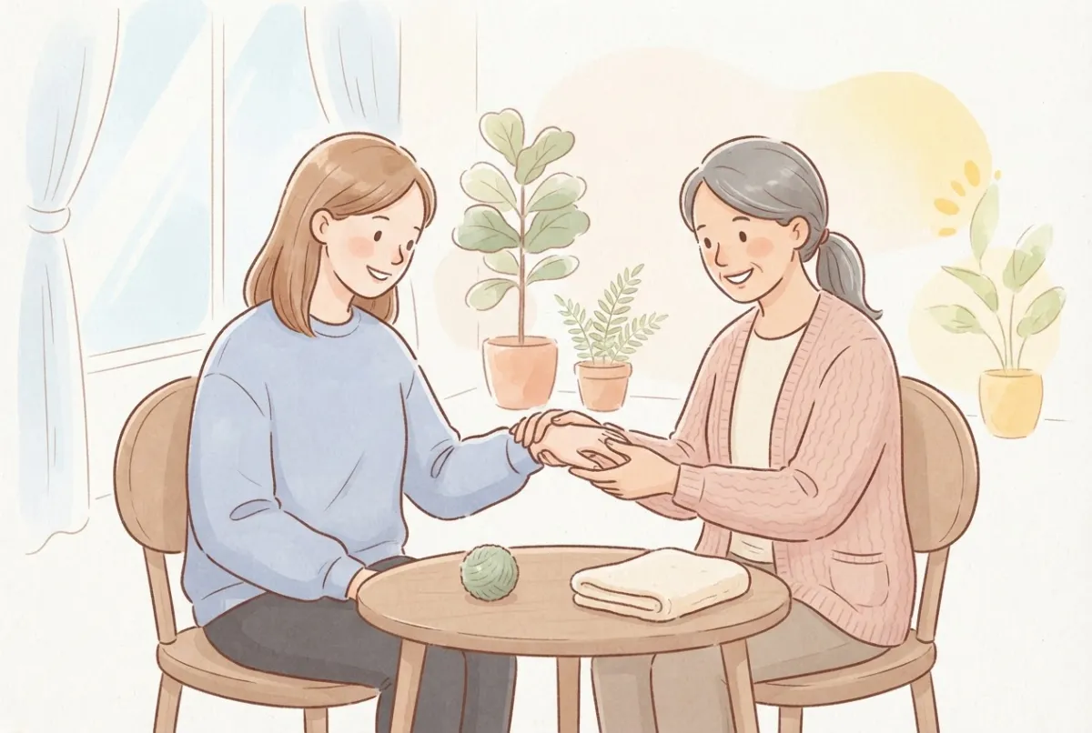 Illustration of a friendly physiotherapist gently holding a young woman's hand and wrist across a small table, with a soft exercise ball and a folded towel