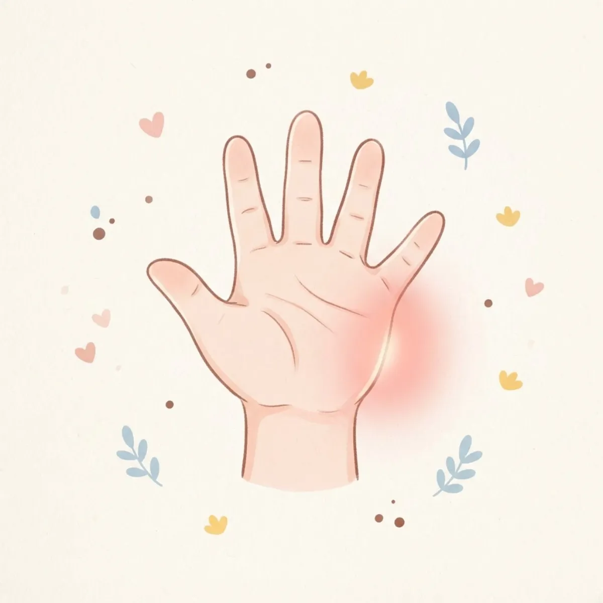 Illustration of an open hand with a soft pink glow on the little-finger side, near the wrist