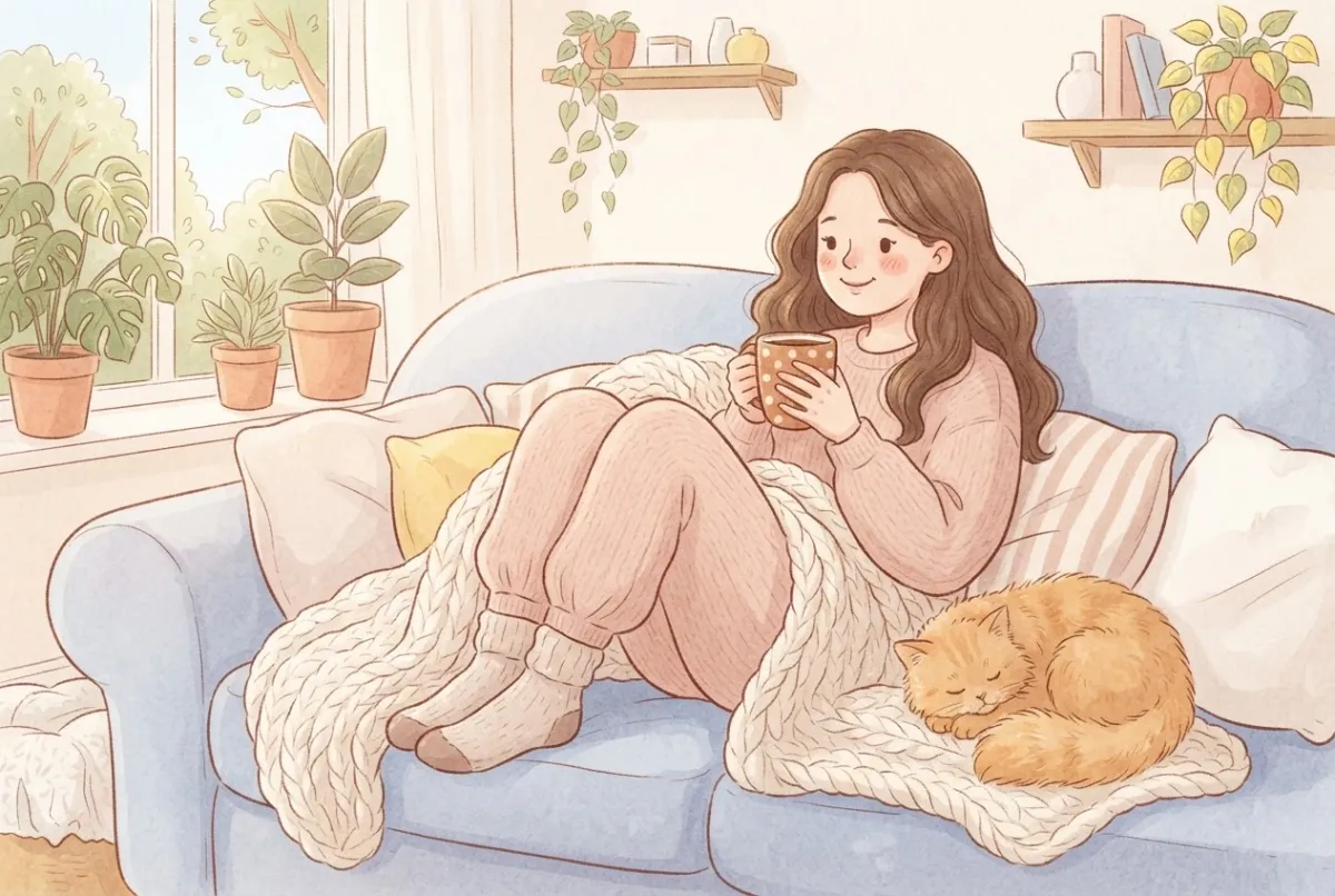 Illustration of a woman curled up on a sofa under a blanket with a mug of tea and a sleeping cat on a rest day