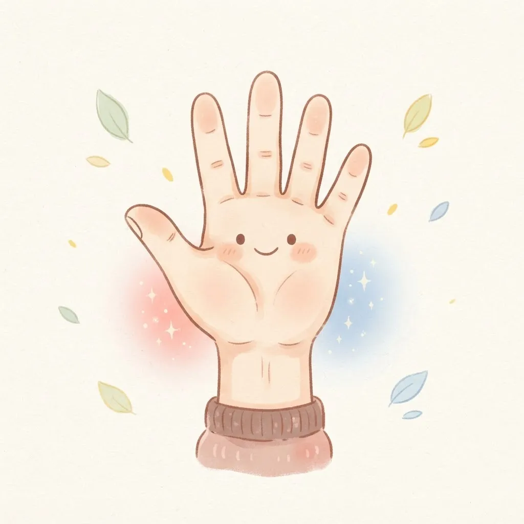 Illustration of an open hand with a soft pink glow on the thumb side of the wrist and a soft blue glow on the little-finger side
