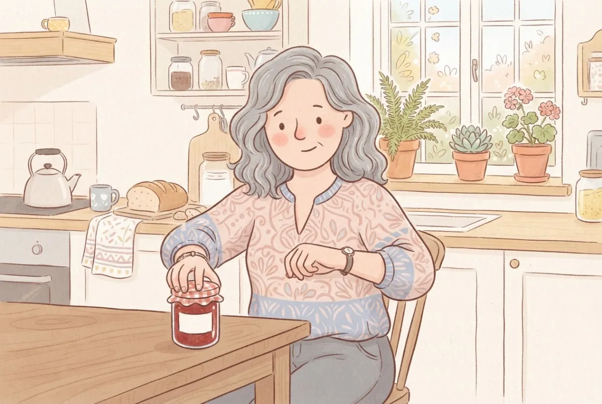 Illustration of a woman with wavy grey hair at a kitchen table holding the lid of a jam jar