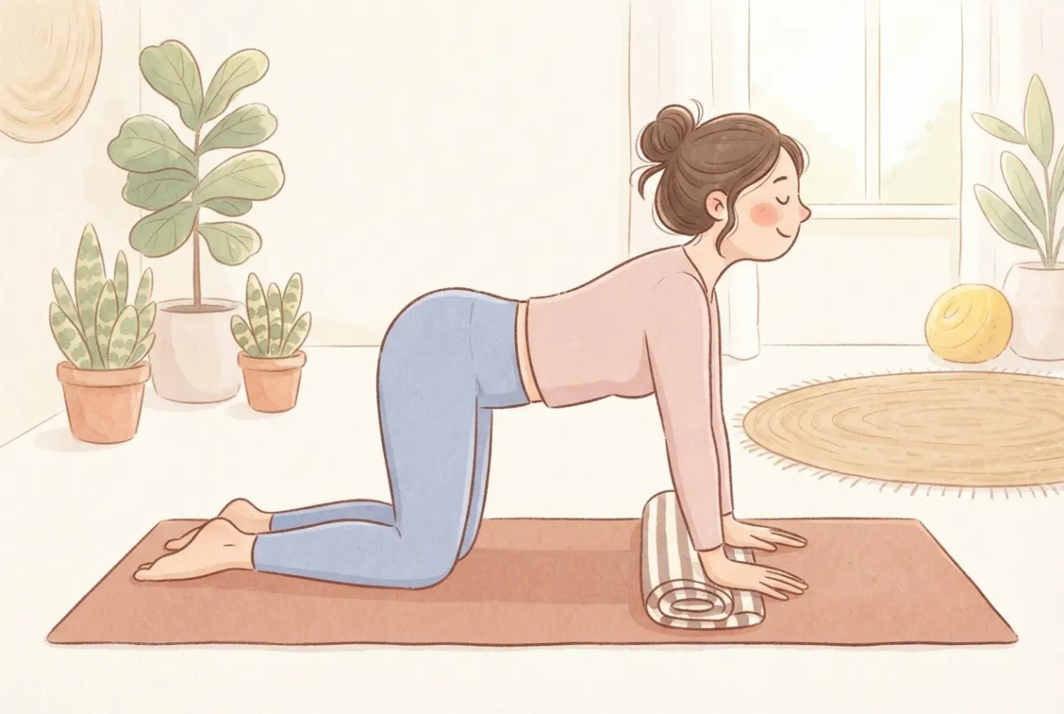 Illustration of a woman on all fours on a yoga mat with the heels of her hands resting on a rolled-up towel