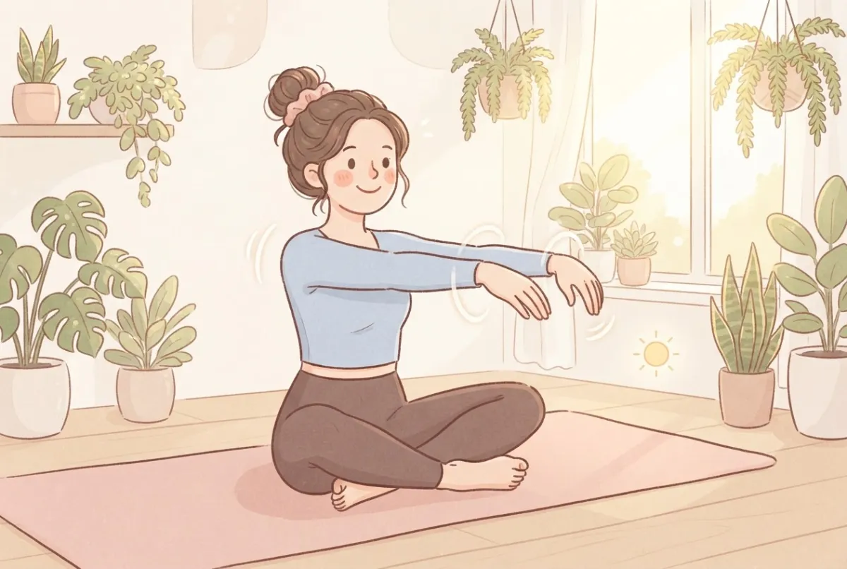 Illustration of a woman sitting cross-legged on a yoga mat doing slow wrist circles with her arms held out in front of her