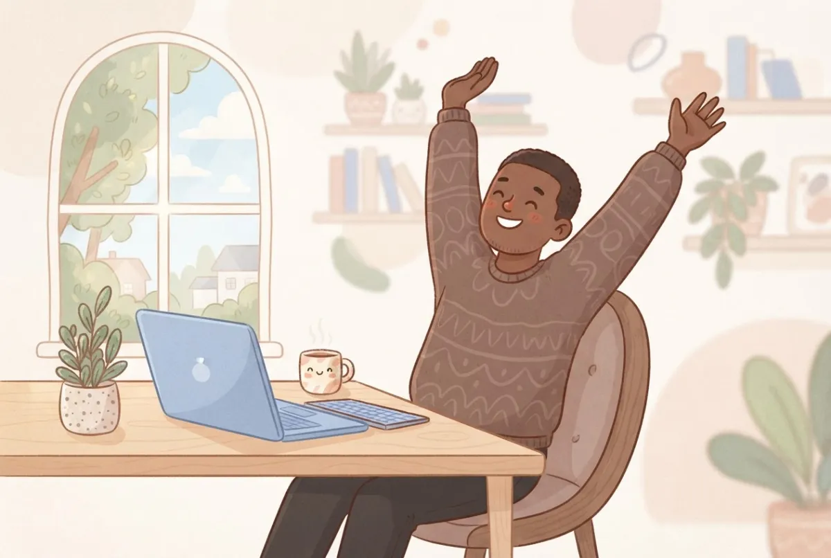 Illustration of a smiling man leaning back in his desk chair and stretching both arms overhead during a short break from his laptop