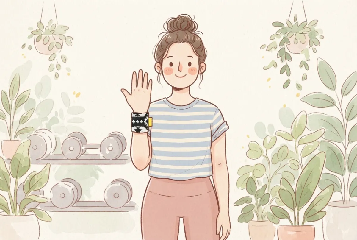 Illustration of a woman in a gym holding up her hand to show a short black and white wrist wrap sitting low over her wrist joint