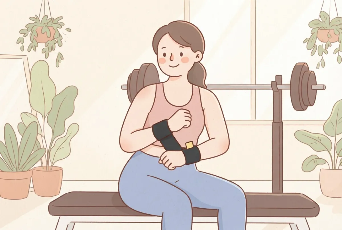 Illustration of a woman on a gym bench winding a plain black wrist wrap around her wrist, with a barbell on a rack behind her