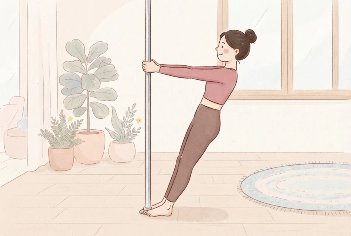 Illustration of a woman leaning back from a dance pole with straight arms and her feet on the floor