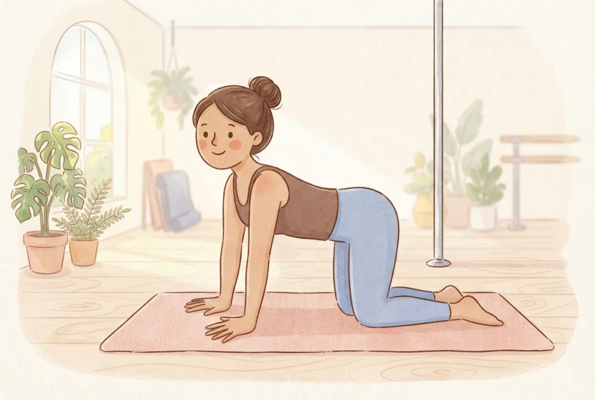 Illustration of a woman on hands and knees on a mat with her hands flat and fingers spread, doing gentle tabletop rocks