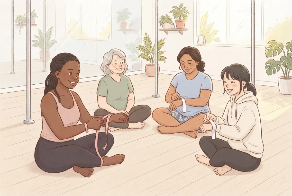Illustration of four women of different ages sitting cross-legged on a pole studio floor, measuring their own wrists with a pink tape measure and strips of paper and chatting